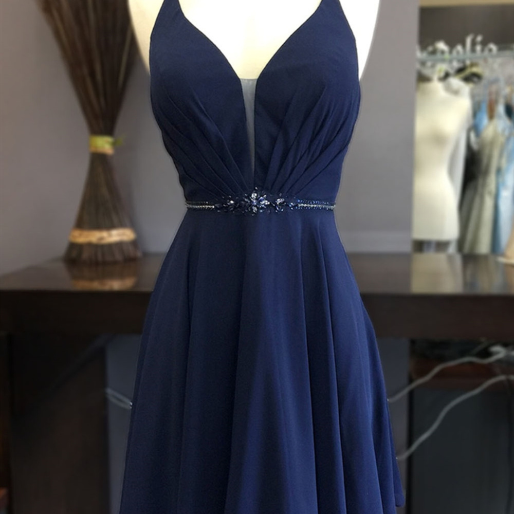 Open Back Navy Chiffon Sheath Shape Dress ACSU027S